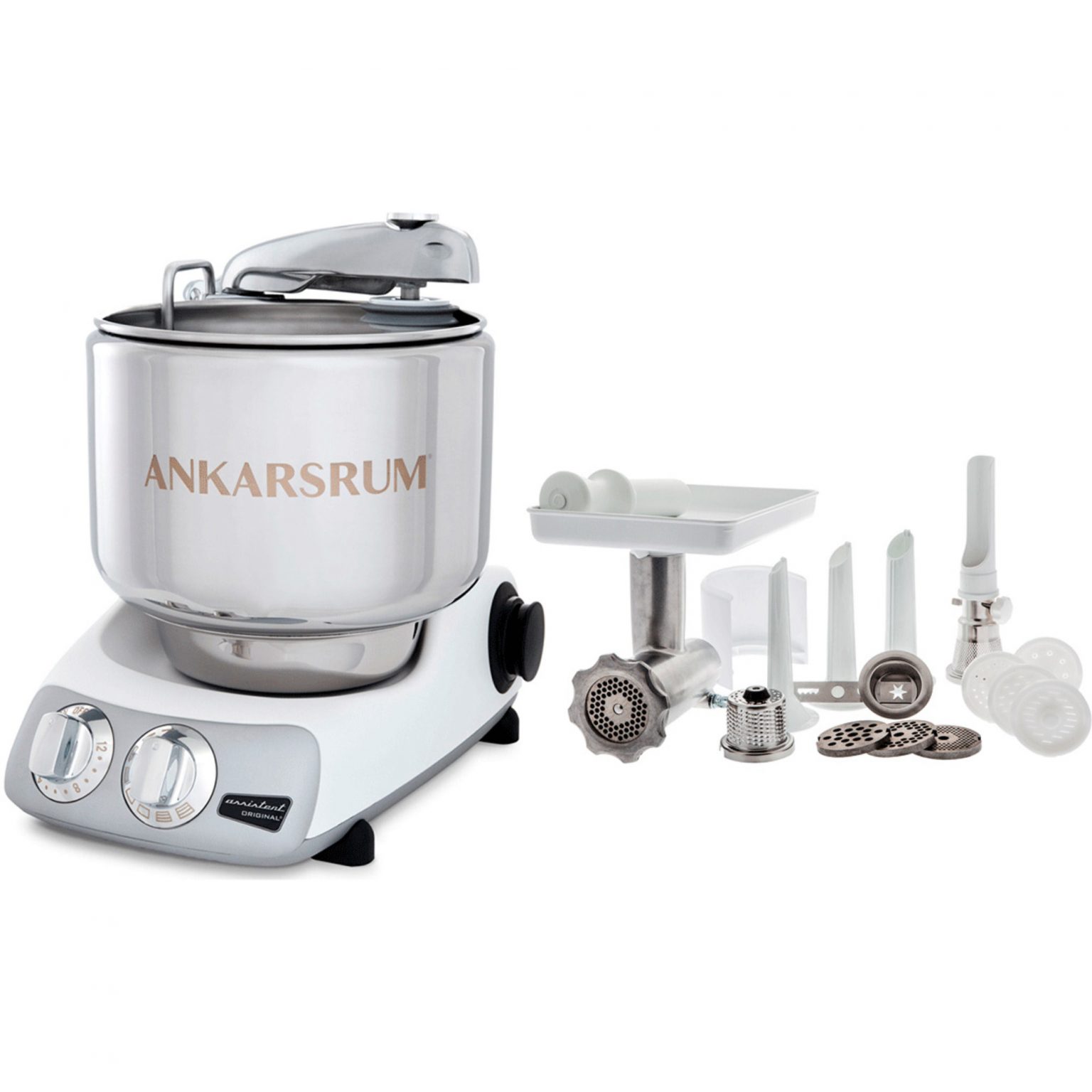 Ankarsrum AKM 6230 köksmaskin glossy white + komplett Köttkvarn